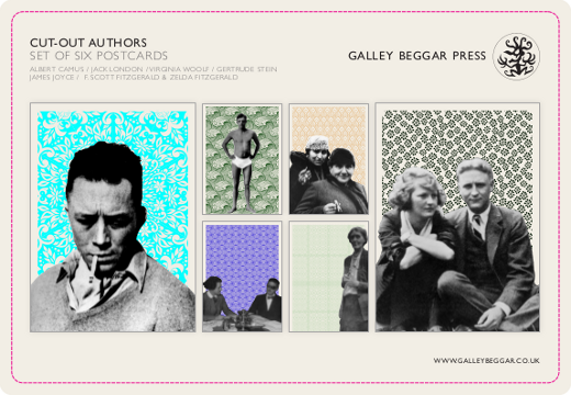 The cover of a set with six 'Cut-out Authors' postcards.