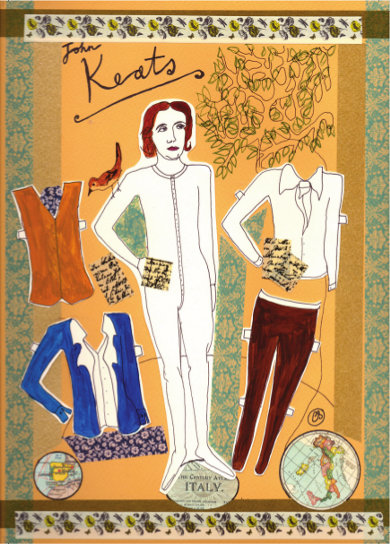 A postcard from the 'Dress the Romantics' set of postcards, showing John Keats.