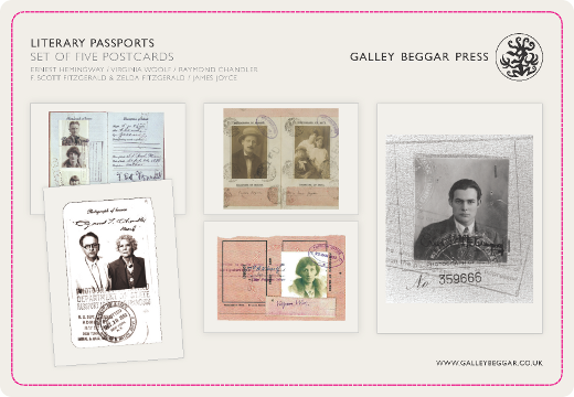 The cover of the set of five literary passports postcards.